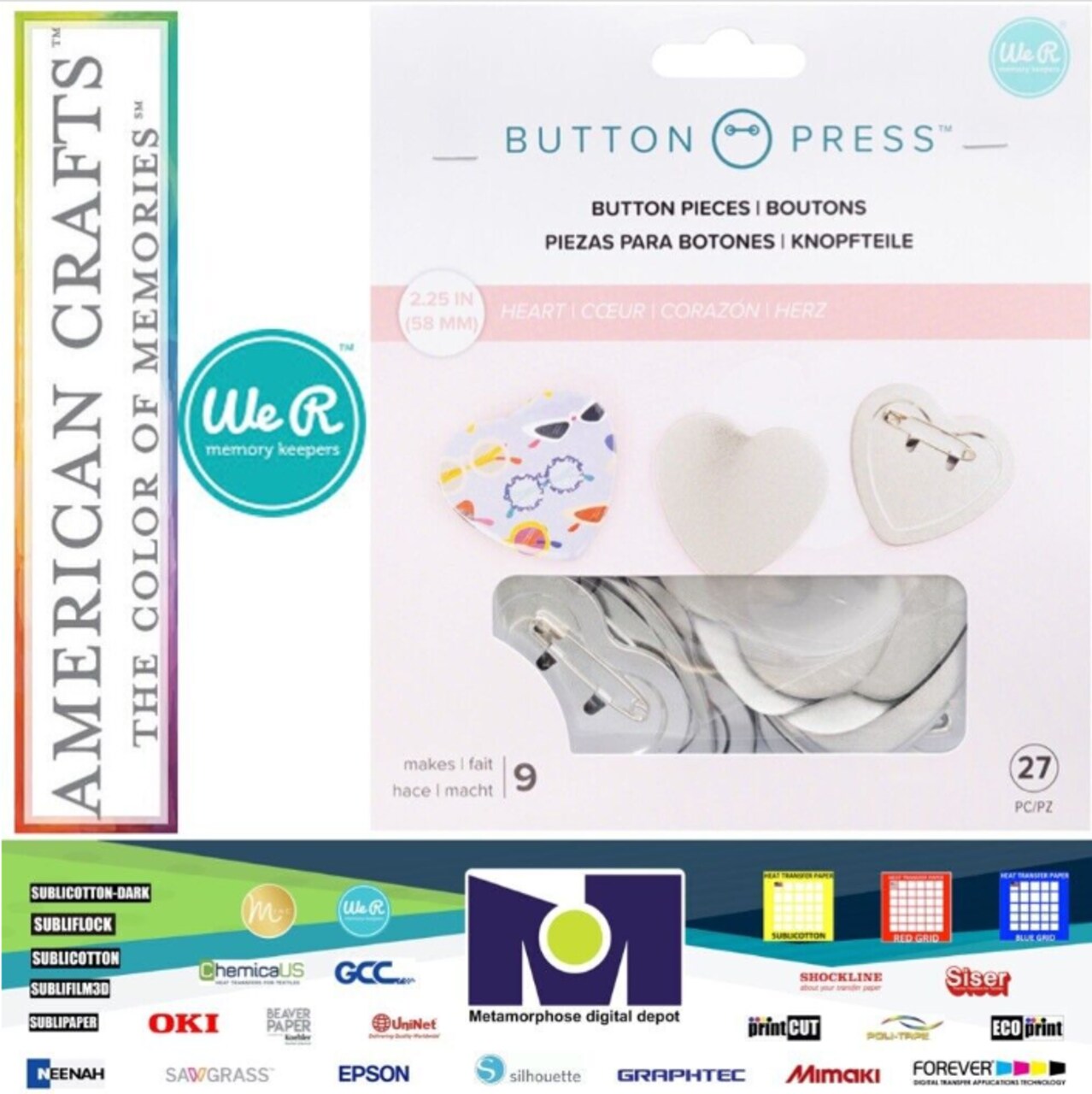 We R Memory Keepers KIT BUTTON PRESS REFILL PACK HEART 58mm 661352 9 pins 27Pcs